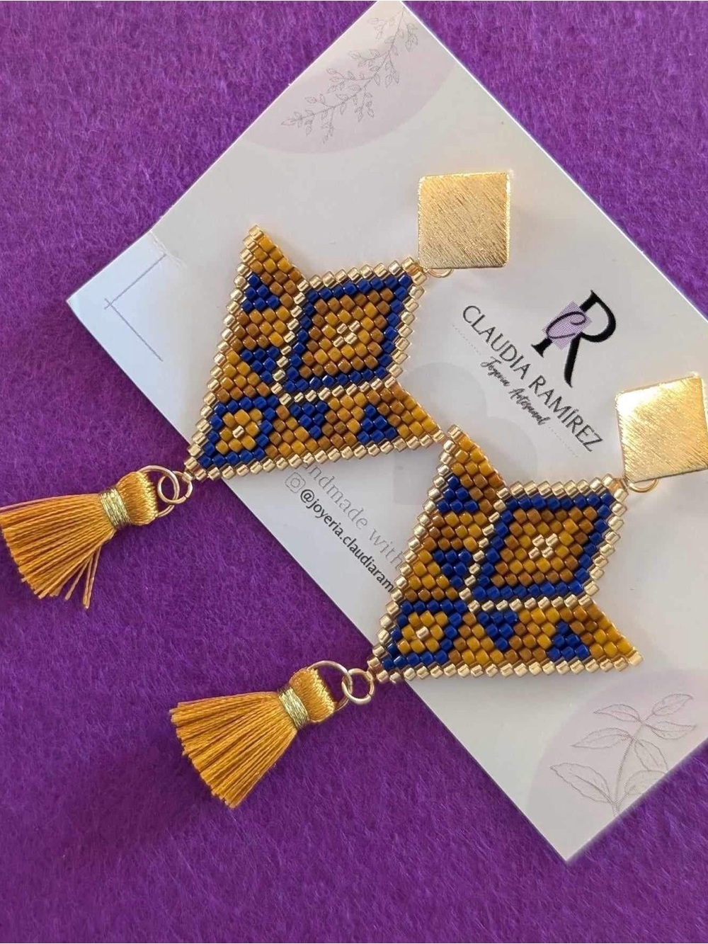 Gold and Blue Geometric Beaded Tassel Earrings